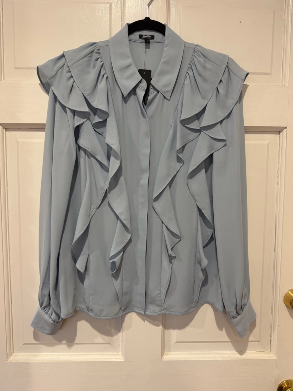 Express Light Blue Ruffle Button-Down Blouse